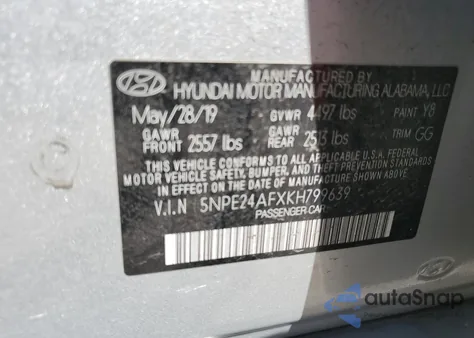 2019 Hyundai Sonata Se z USA, uszkodzony, nr VIN 5NPE24AFXKH799639